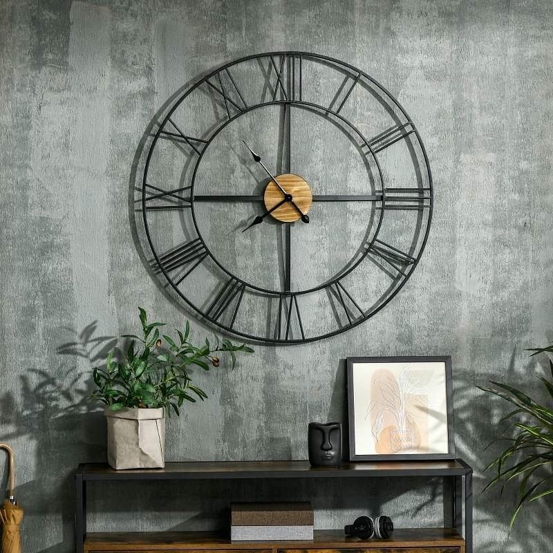 36-inch Metal Silent Wall Clock with Roman Numerals and Wooden Center - Free Shipping 