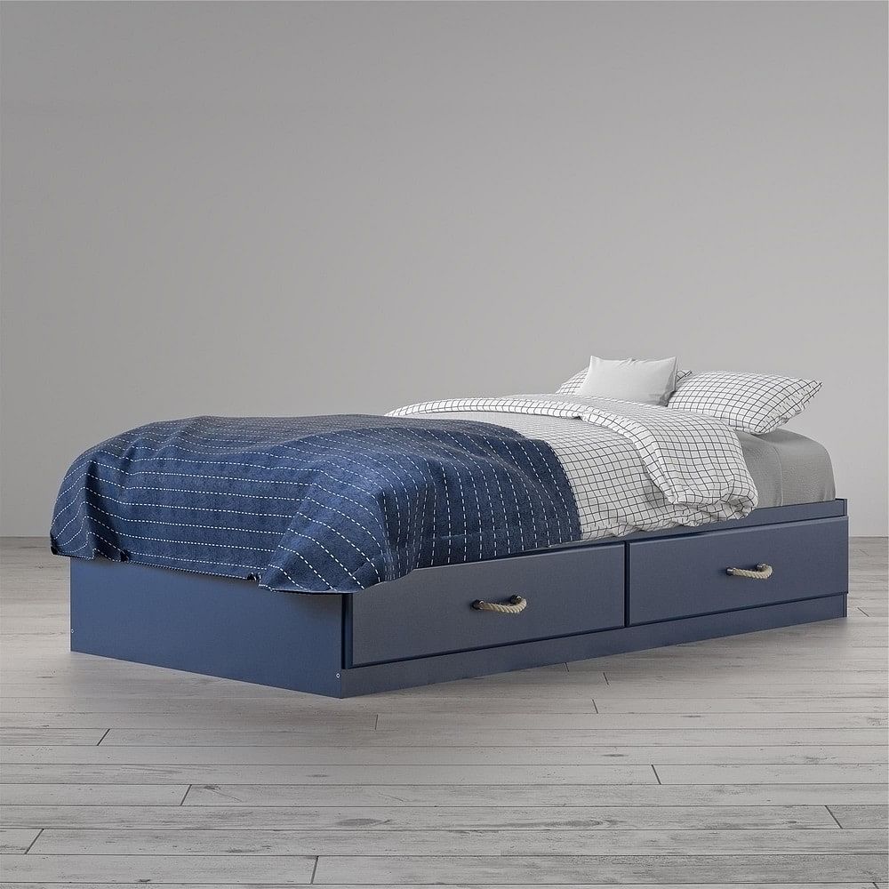 Twin Size Blue Platform Bed with 2 Storage Drawers Rope Handles - Free Shipping