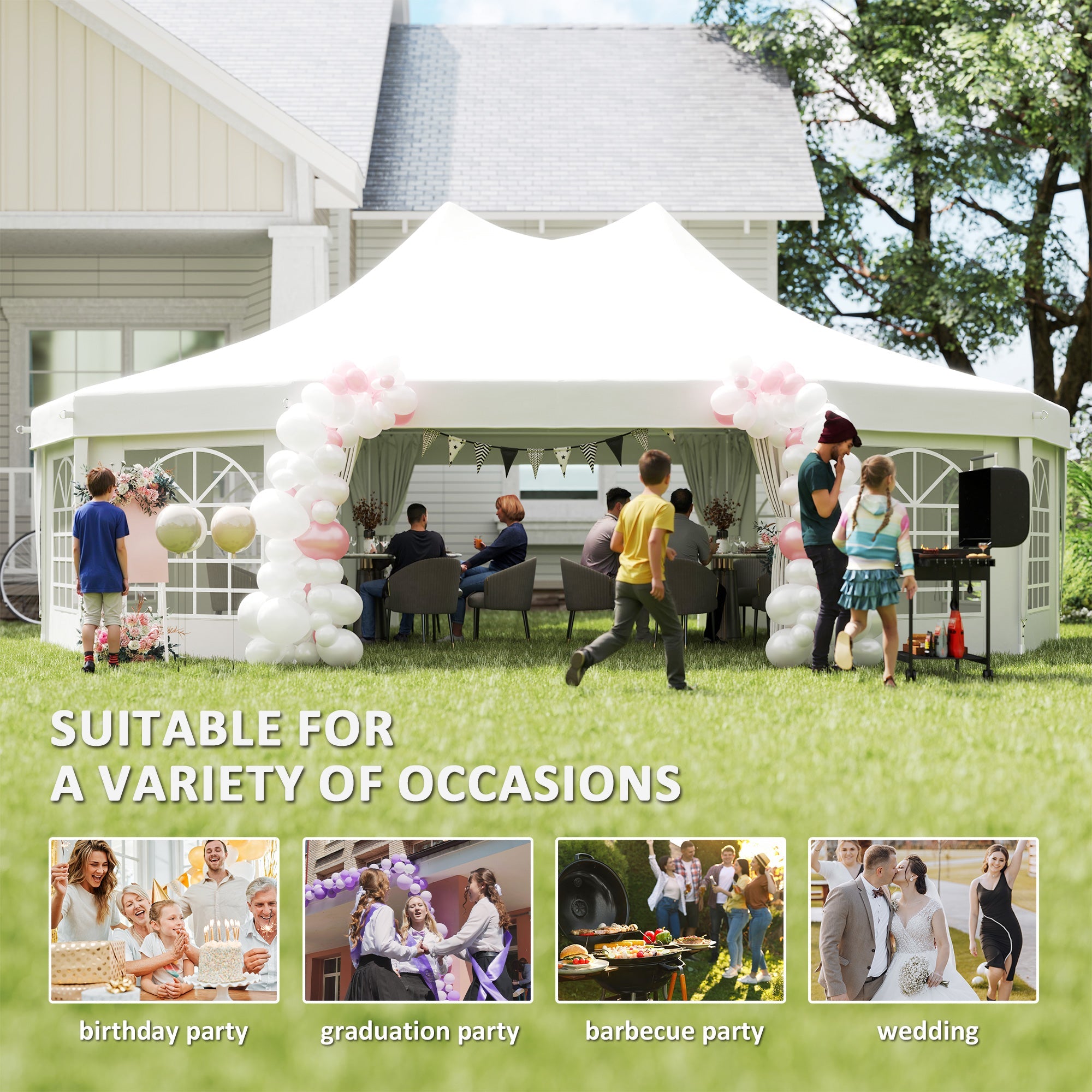 Outsunny 29x21ft High Peak Decagonal Wedding Event Party Tent Gazebo Canopy w/ 10 Removable Walls White 