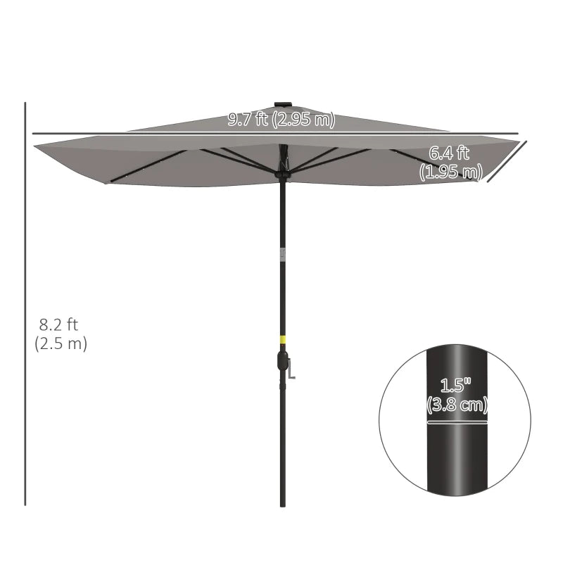 6.5x10ft Patio Umbrella Tilt Aluminum Outdoor Market Parasol with Solar Powered LEDs, Crank - Light Grey