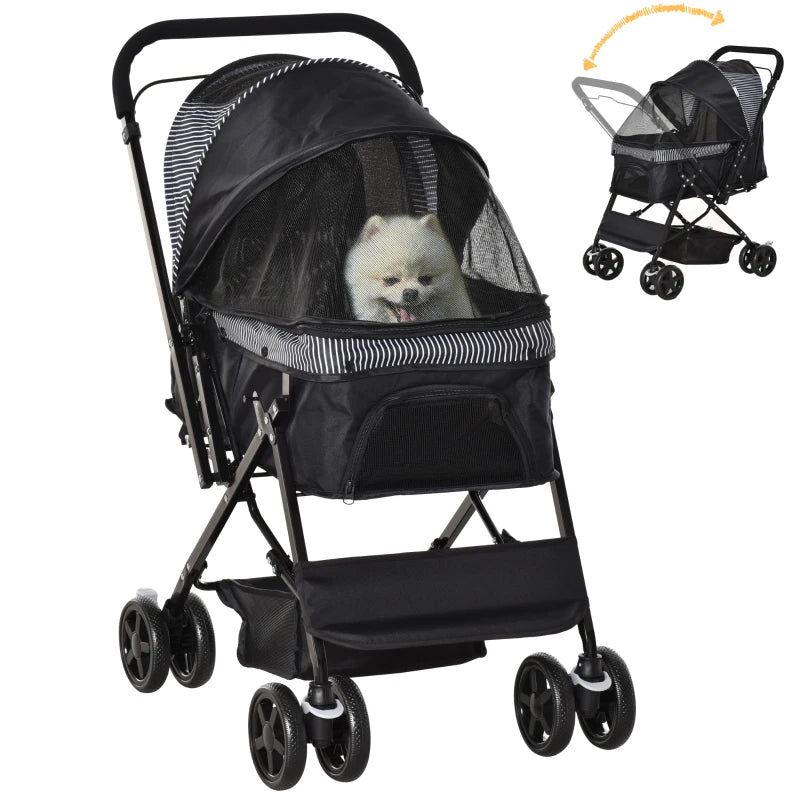 Foldable Cat Dog Travel Carriage, 4 Wheels Pet Stroller with EVA Wheel Brake, 3-stage Canopy, Mesh Window Door, Black