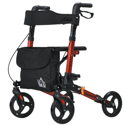 HOMCOM Rollator for Seniors with Seat, Back, Cane Holder, Aluminium Folding Rolling Walker with Adjustable Handle, Bag, Red 