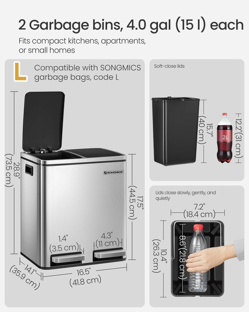 Dual Compartment Kitchen Trash Can, 2 × 15L Stainless Steel Garbage Bin with Soft-Close Lids & Foot Pedals