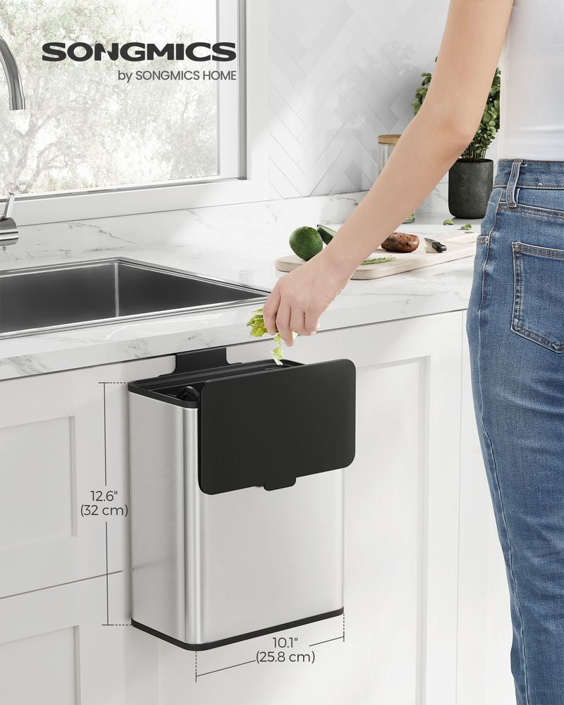 2.1-Gallon Hanging Kitchen Trash Can with Lid – Stainless Steel, 8L Removable Inner Bucket