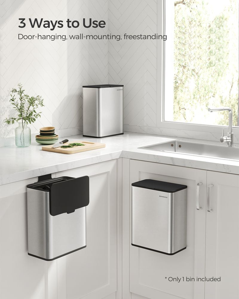 2.1-Gallon Hanging Kitchen Trash Can with Lid – Stainless Steel, 8L Removable Inner Bucket