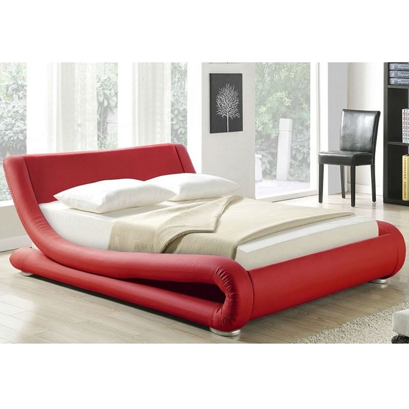 King size Modern Red Faux Leather Upholstered Platform Bed with Curved Headboard - Free Shipping