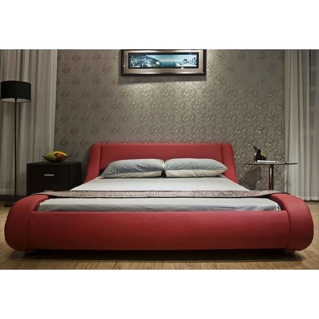 King size Modern Red Faux Leather Upholstered Platform Bed with Curved Headboard - Free Shipping