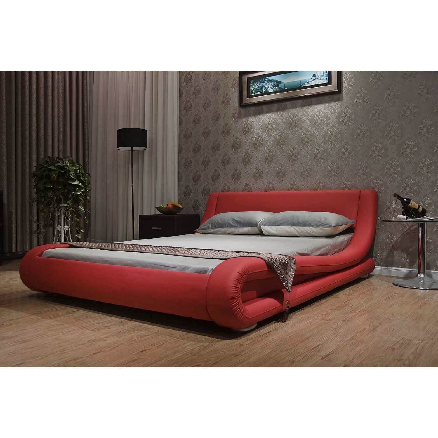 King size Modern Red Faux Leather Upholstered Platform Bed with Curved Headboard - Free Shipping