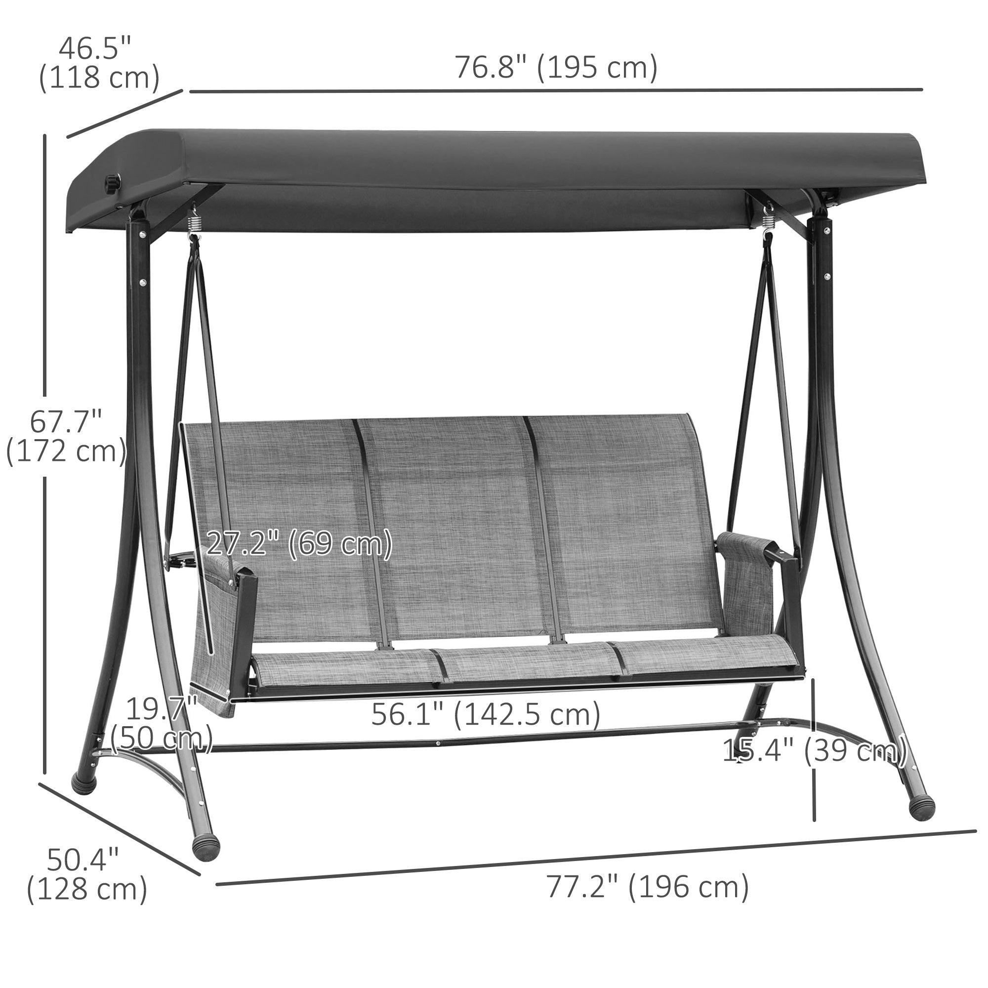 Outsunny 3 Person Outdoor Swing Chair - Adjustable Canopy for Optimal Shade, Comfortable Seating, Sleek Black 