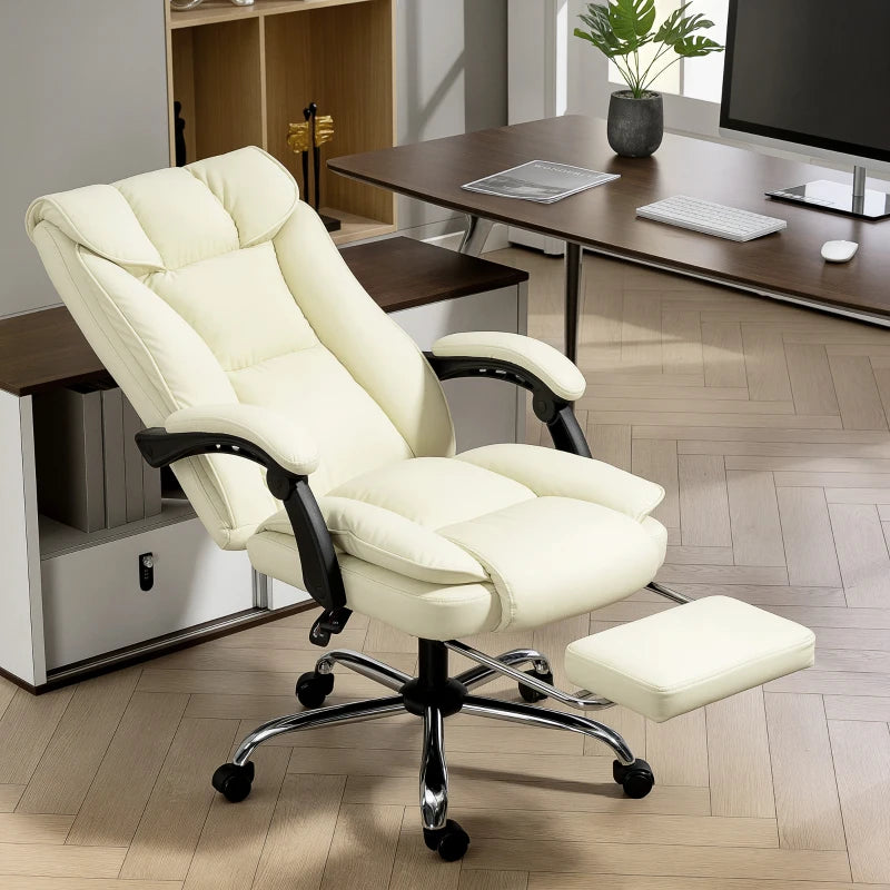 Executive Office Chair, Pet-Friendly Leather Ergonomic Desk Chair with Footrest, Swivel Recliner, Beige