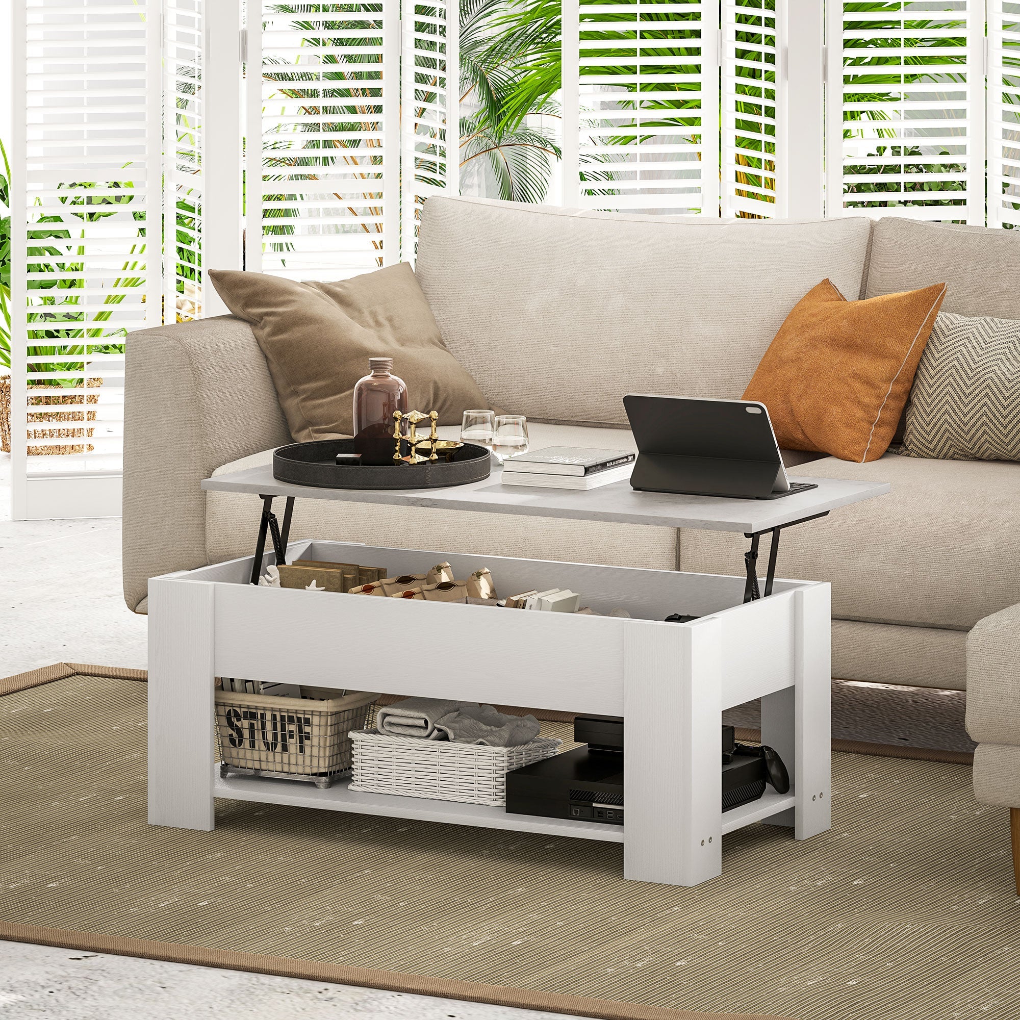 HOMCOM Lift Top Coffee Table with Hidden Storage Compartment and Open Shelf, Center Table for Living Room, White 