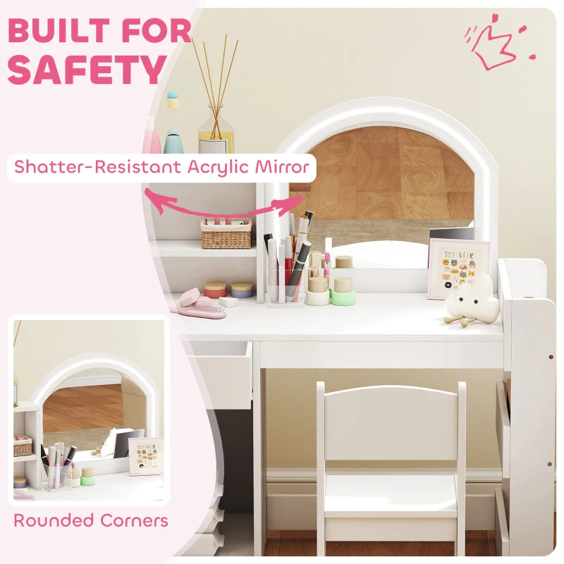 Qaba Kids Vanity Set, Toddler Dressing Table and Chair Set  with Lighted Mirror, Cabinet, Drawer and Shelves, White