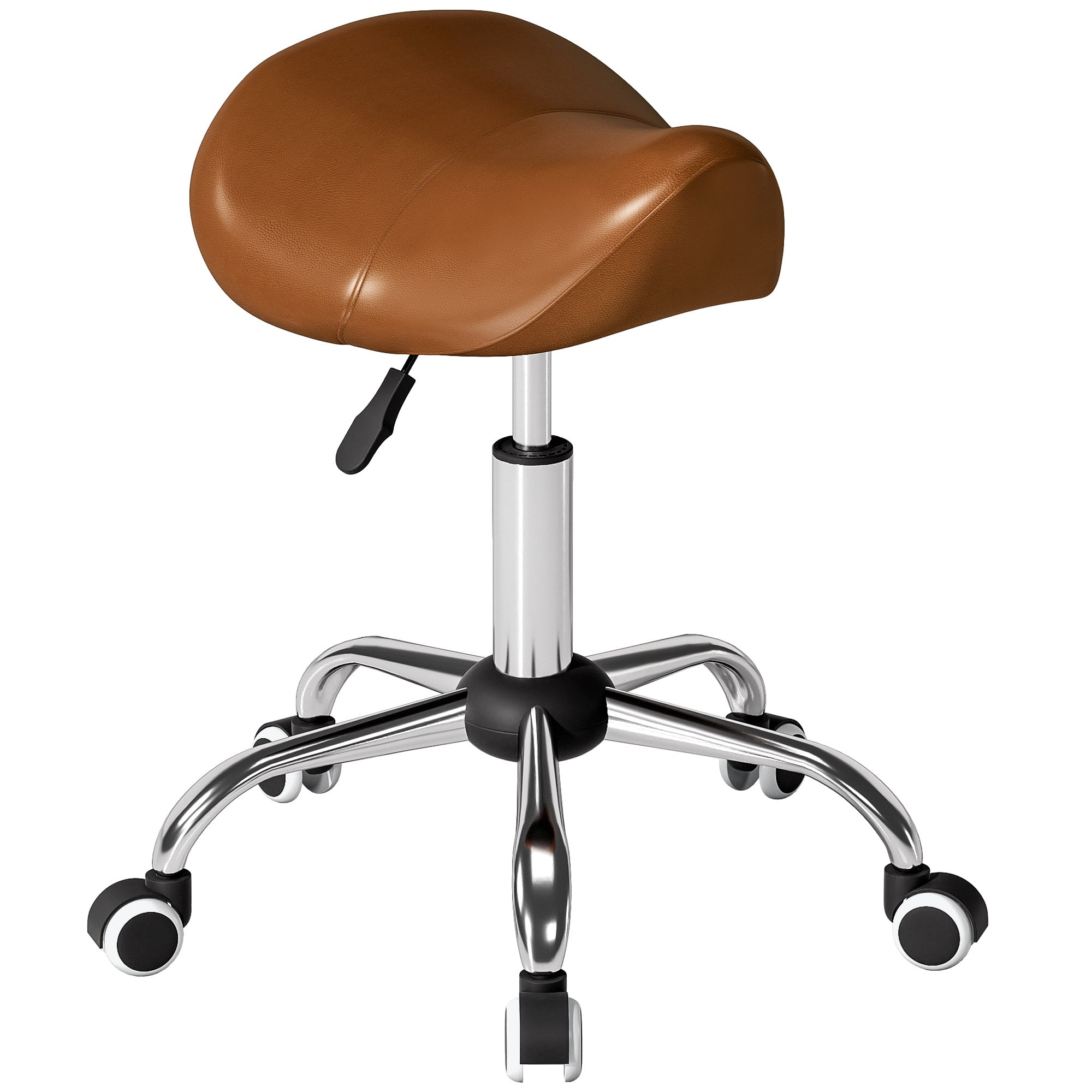 Cosmetic Stool 360° Rotate Height Adjustable Salon Massage Spa Chair Hydraulic Rolling Faux Leather Saddle Stool, Brown