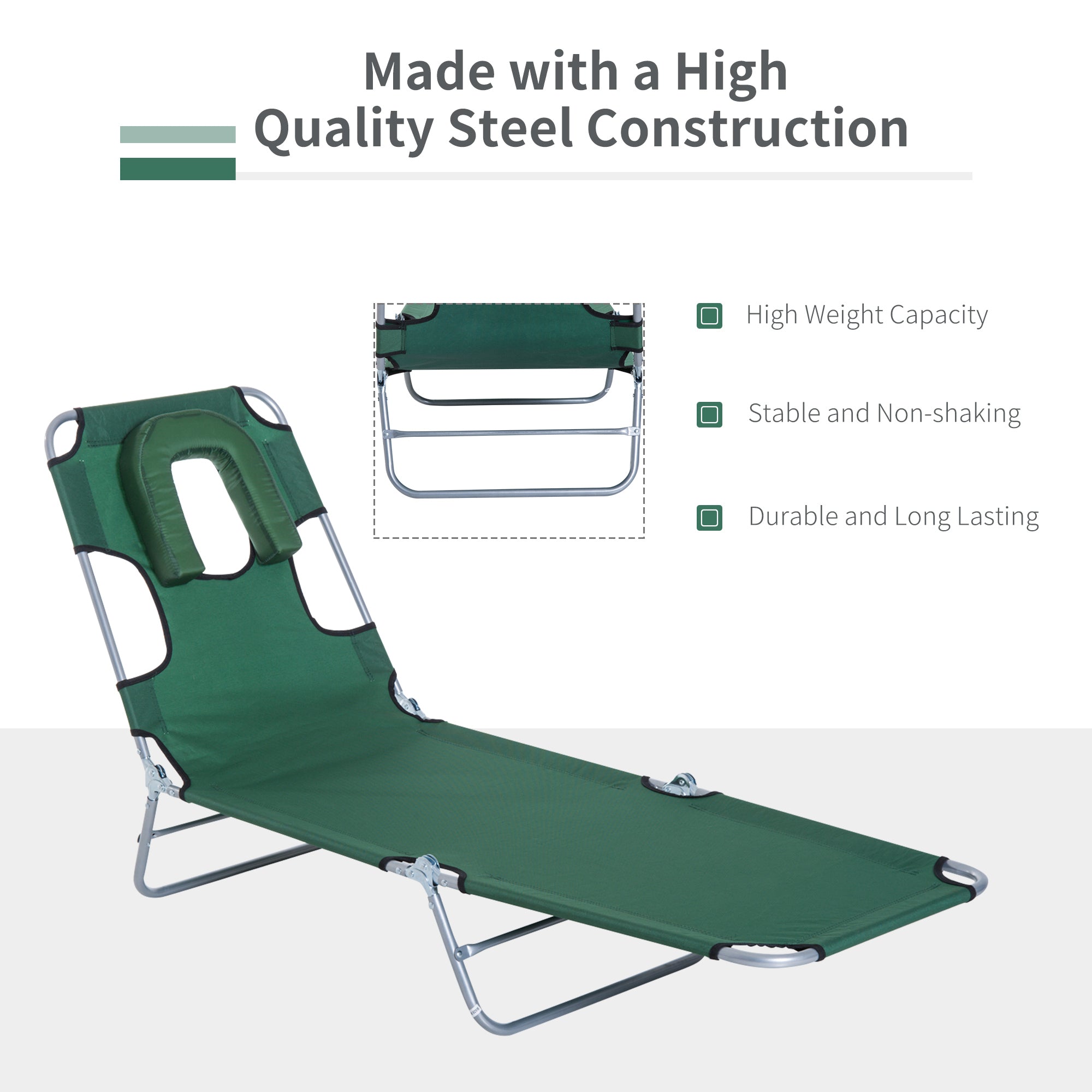 Outsunny Folding Adjustable Chaise Lounge w/ Face Cavity Outdoor Beach Camping Sun Lounger Bed Recliner (Green) 