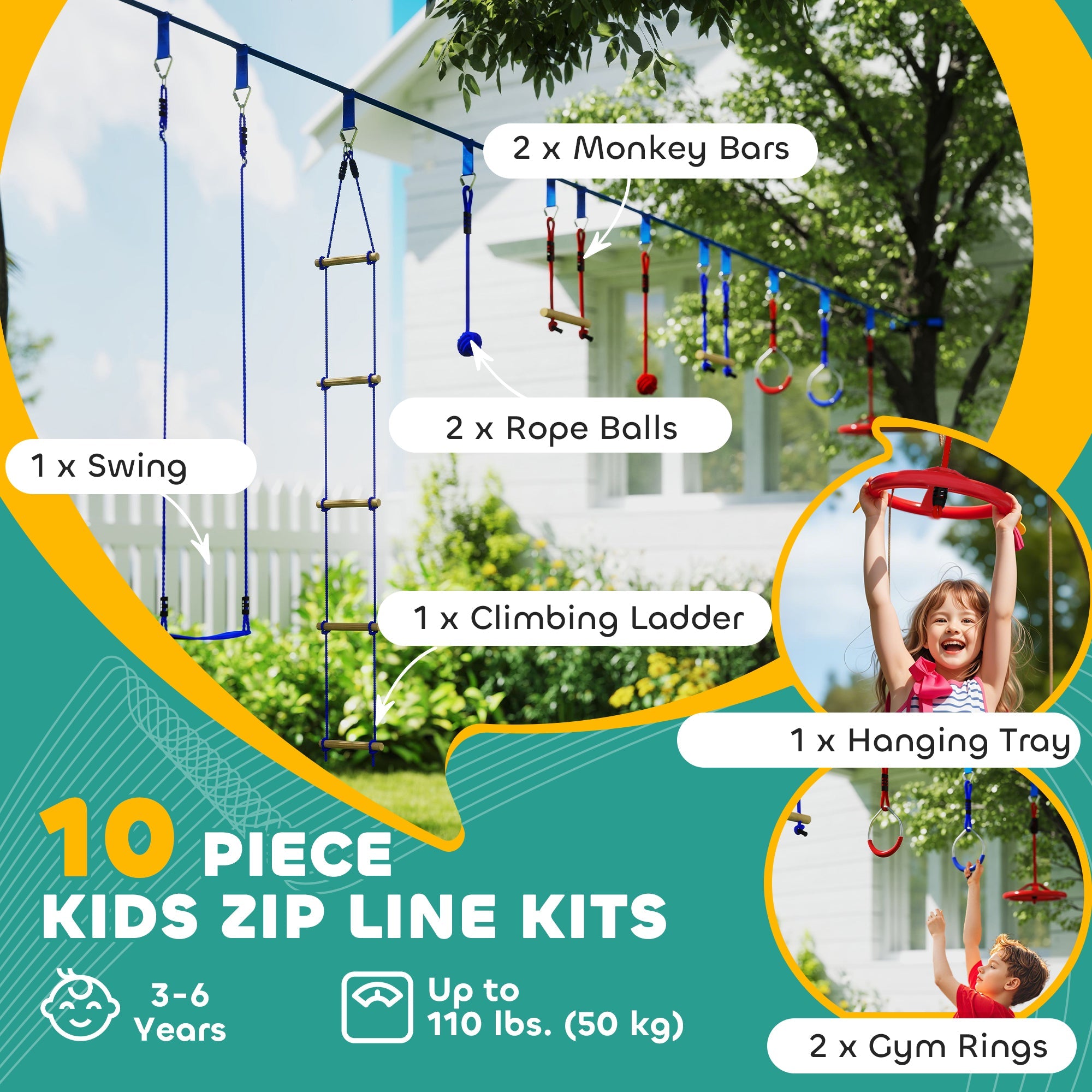 Qaba 32.8' Ninja Warrior Obstacle Course for Kids 3-6 Years, with Swing, Monkey Bars, Climbing Ladder, Gym Rings, Blue 