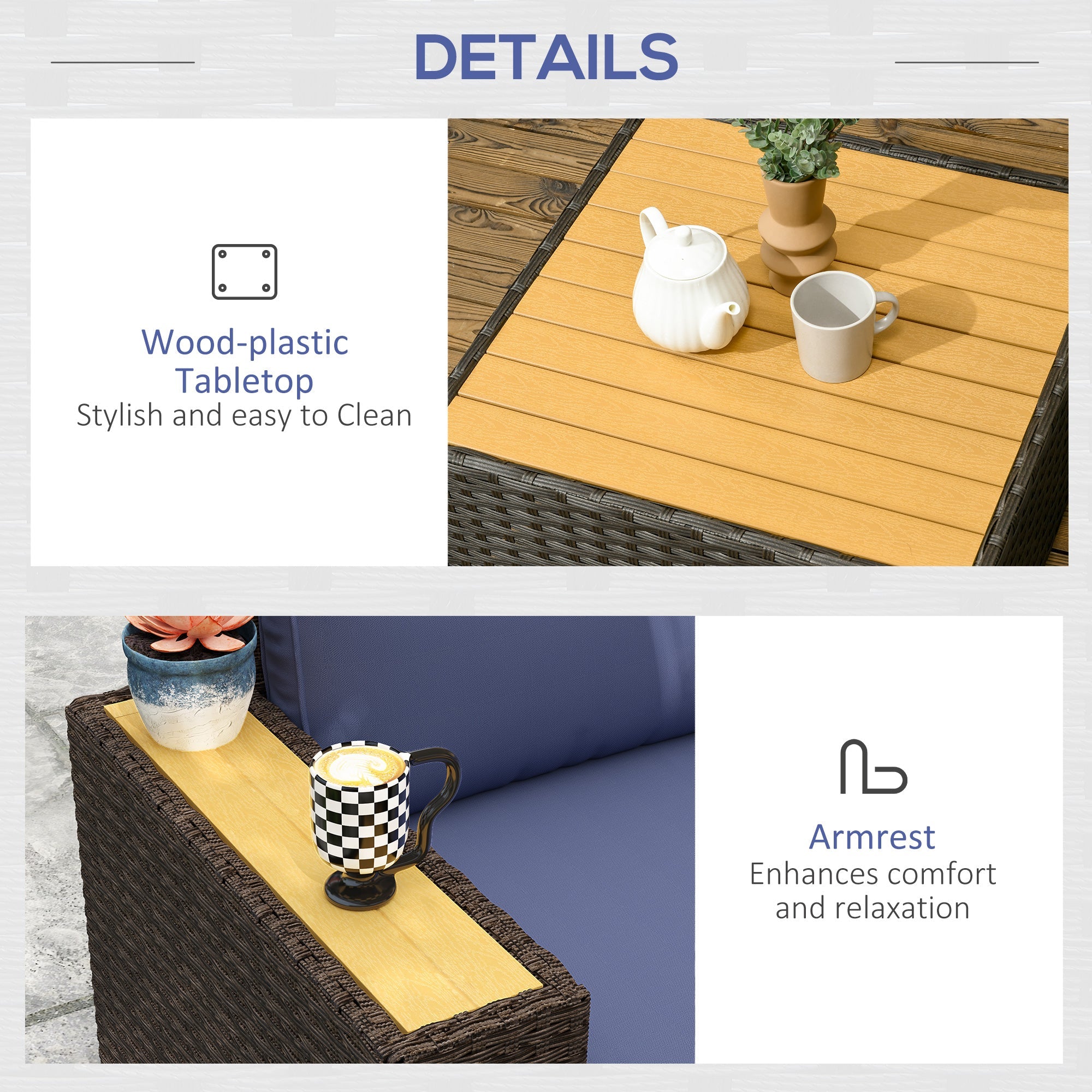 Outsunny 6 Pieces Outdoor Rattan Patio Furniture Set with Corner Sofa, Wood-Plastic Coffee Table, Navy Blue 