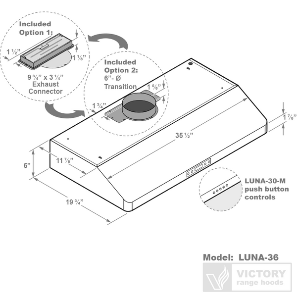 36 Inch 600 CFM Under Cabinet Range Hood - VICTORY Luna 