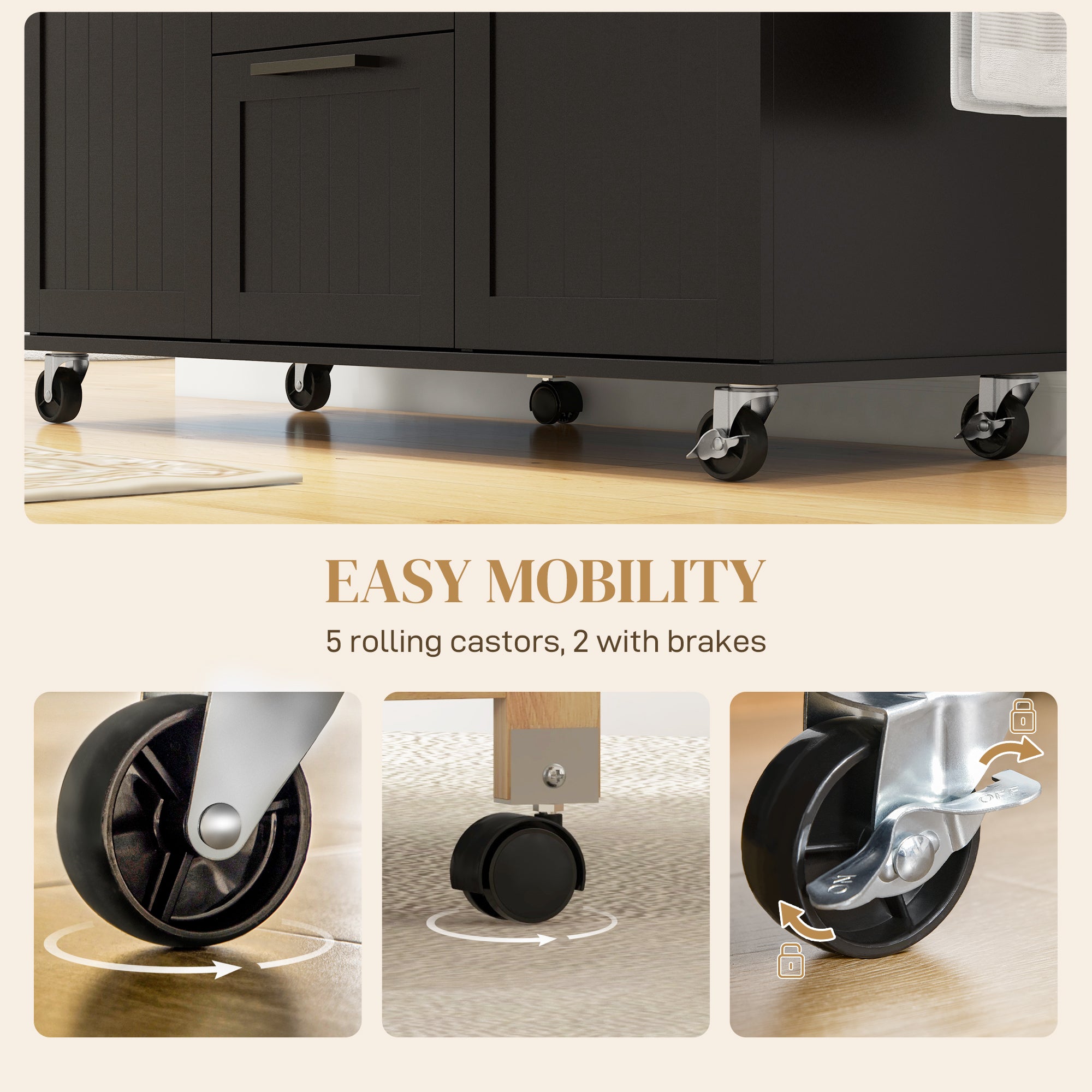 HOMCOM Rolling Kitchen Cart on Wheels with Drop Leaf, Kitchen Island with 3 Drawers, Solid Wood Top and Towel Rack, Black 