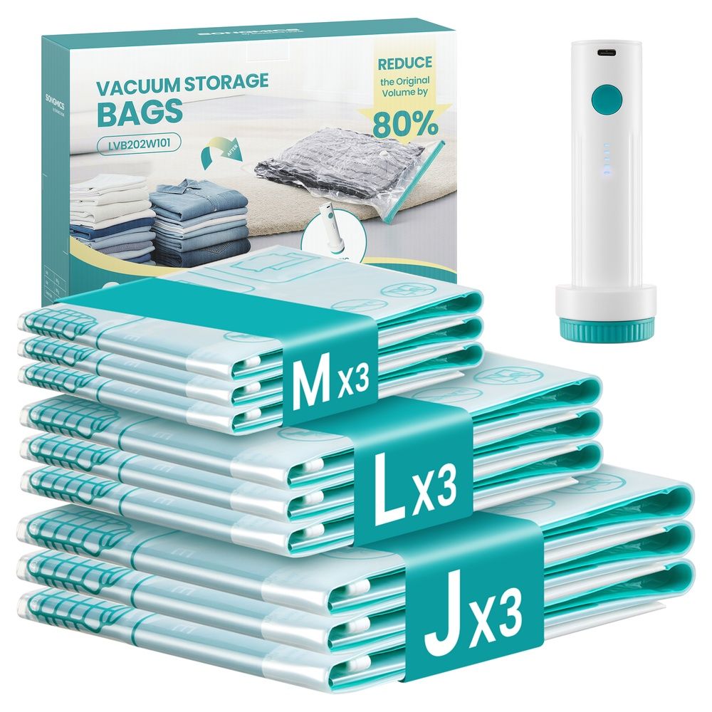 9-Pack Vacuum Storage Bags with Rechargeable Electric Pump – Space-Saving Compression Bags for Clothes and Bedding