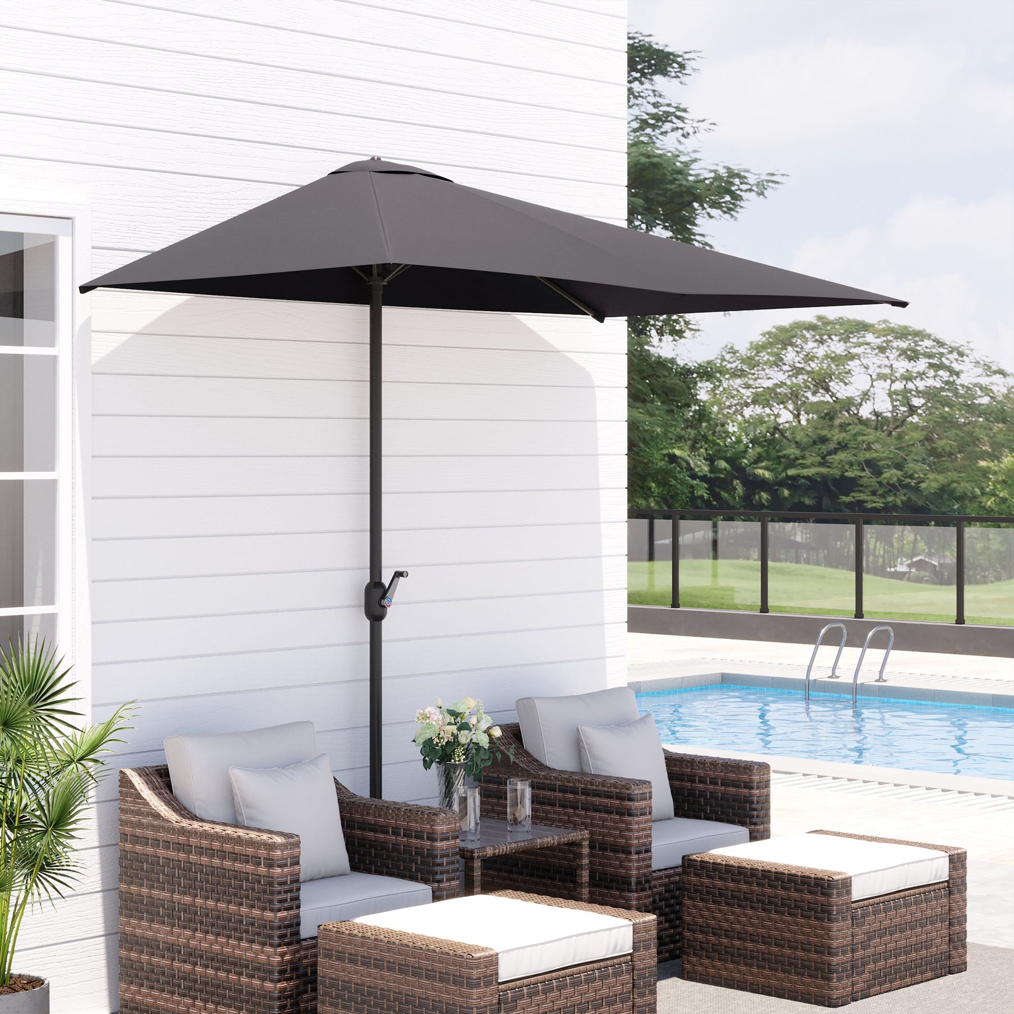 Outsunny Half Round Umbrella 8ft Balcony Parasol for Patio Garden Outdoor Window Sun Shade Grey 