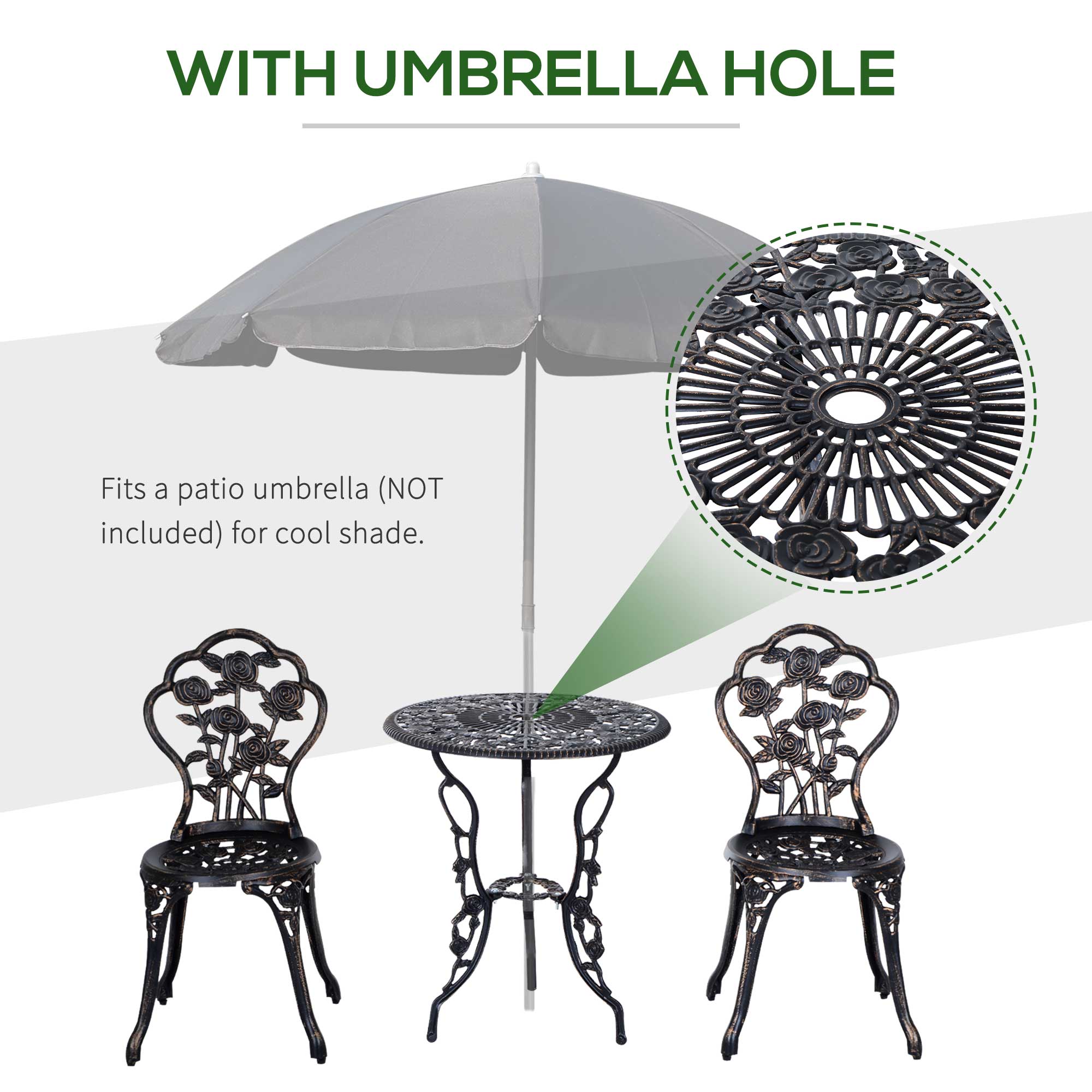 Outsunny 3PC Patio Bistro Set Cast Aluminum Outdoor Garden Table Chairs with Umbrella Hole Bronze 