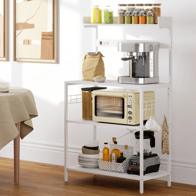 Kitchen Baker's Rack with Power Outlet, Coffee Bar Station with Adjustable Shelves and Hooks, Distressed White