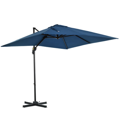 Outsunny Square Patio Hanging Offset Umbrella 8' x 8' Aluminum Cantilever Crank Market Parasol 360° Rotation Cross Base Dark Blue 