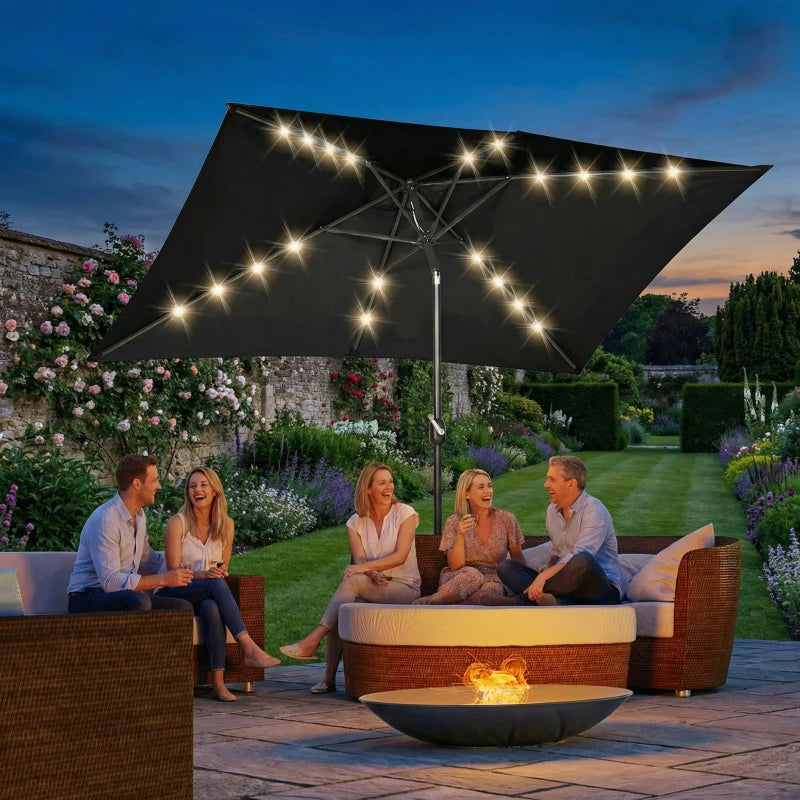 6.5x10ft Patio Umbrella, Rectangle Tilt Outdoor Market Parasol with LEDs, Black