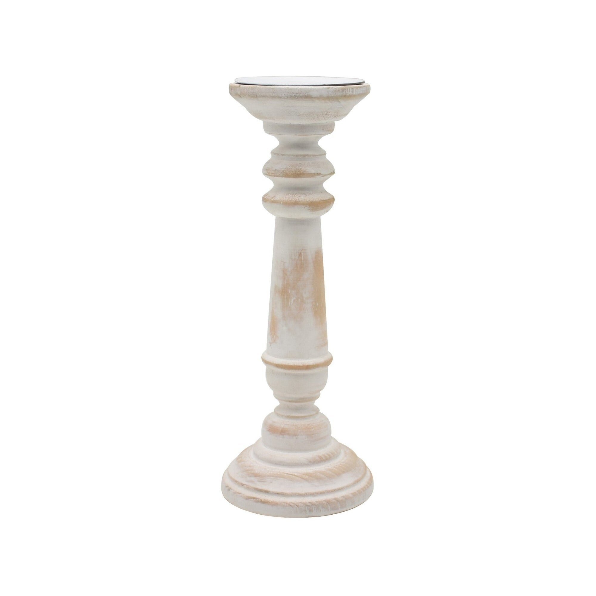 Round Wood Pillar Candle Holder, Antique White 