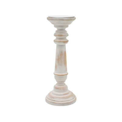 Round Wood Pillar Candle Holder, Antique White 