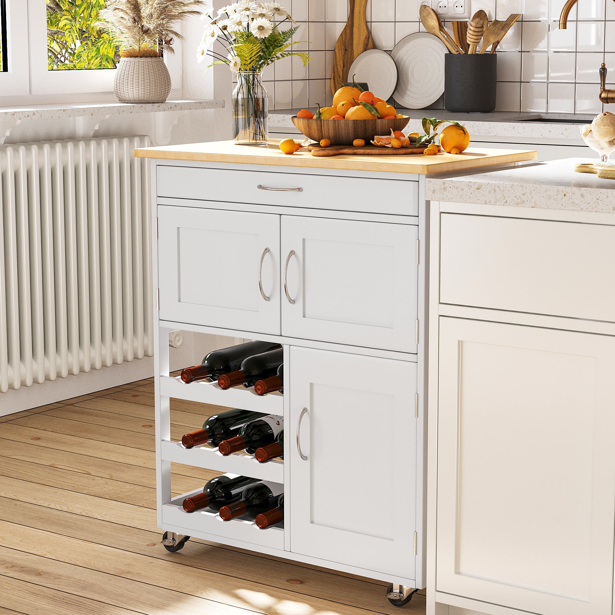 HOMCOM Kitchen Island on Wheels with Storage Drawer 9-bottle Wine Rack Cabinet Wooden Countertop White Rolling Cart 