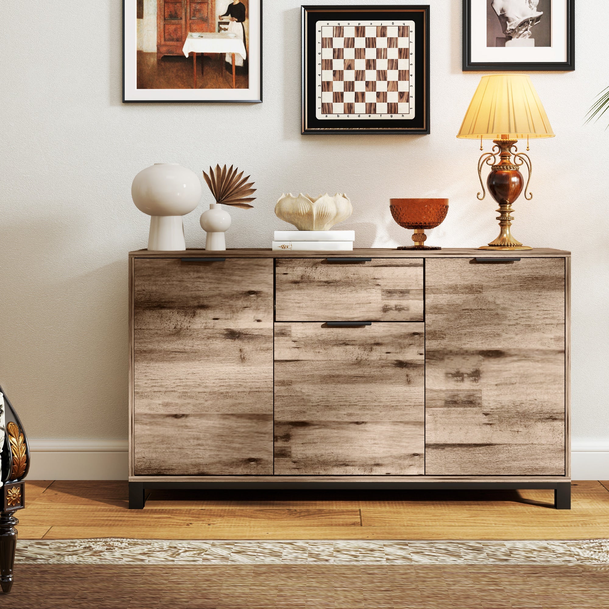 HOMCOM 47" Buffet Cabinet, Industrial Sideboard with 3 Doors, Drawer, 2 Adjustable Shelves for Living Room, Brown Wood Grain 