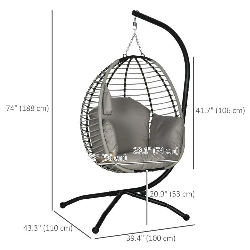 Outdoor Hanging Egg Chair with Thick Padded Cushion, Patio Swing Chair, Grey