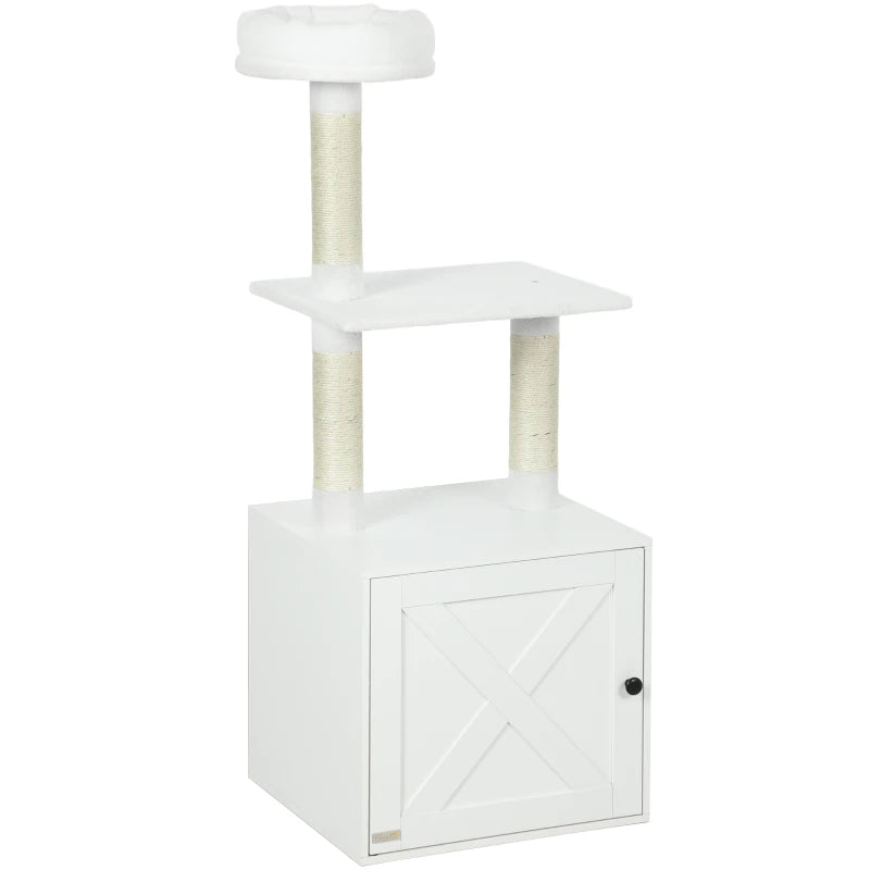 Cat Tree with Litter Box Enclosure, Sisal Covered Scratching Posts, Large Platform, Bed for Indoor Cats, White