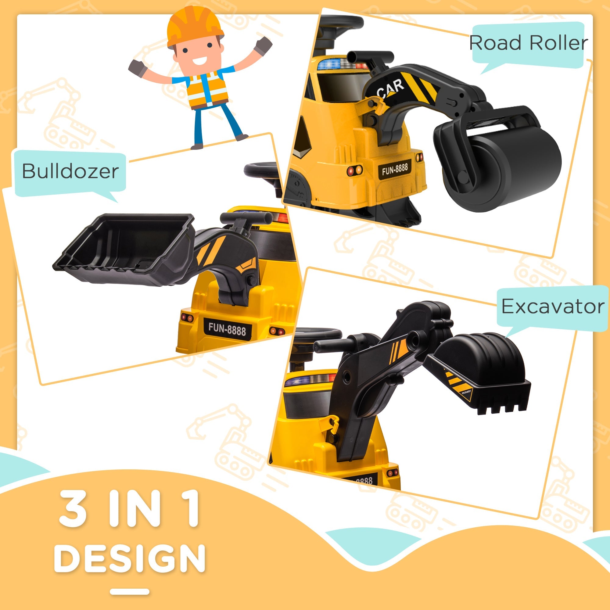 Aosom 6V Electric Ride On Tractor 3 in 1 Excavator Bulldozer Road Roller Battery Powered Kids Construction Toy 