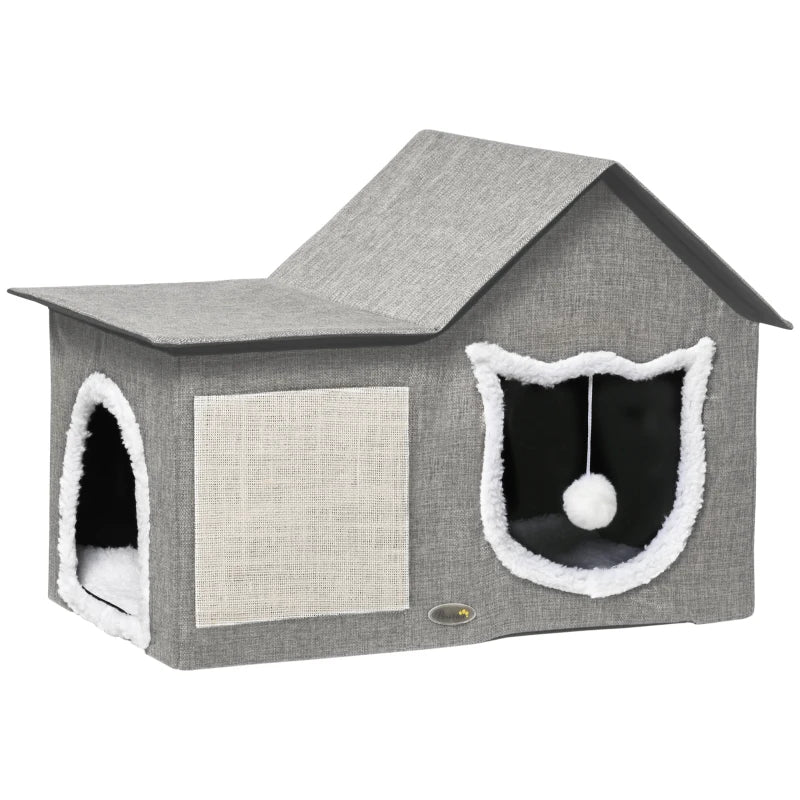 Large Cat Bed for Indoor, Cat House Hideaway with Soft Cushion, Scratching Pad, Dangling Ball, Dual Entrances, Grey