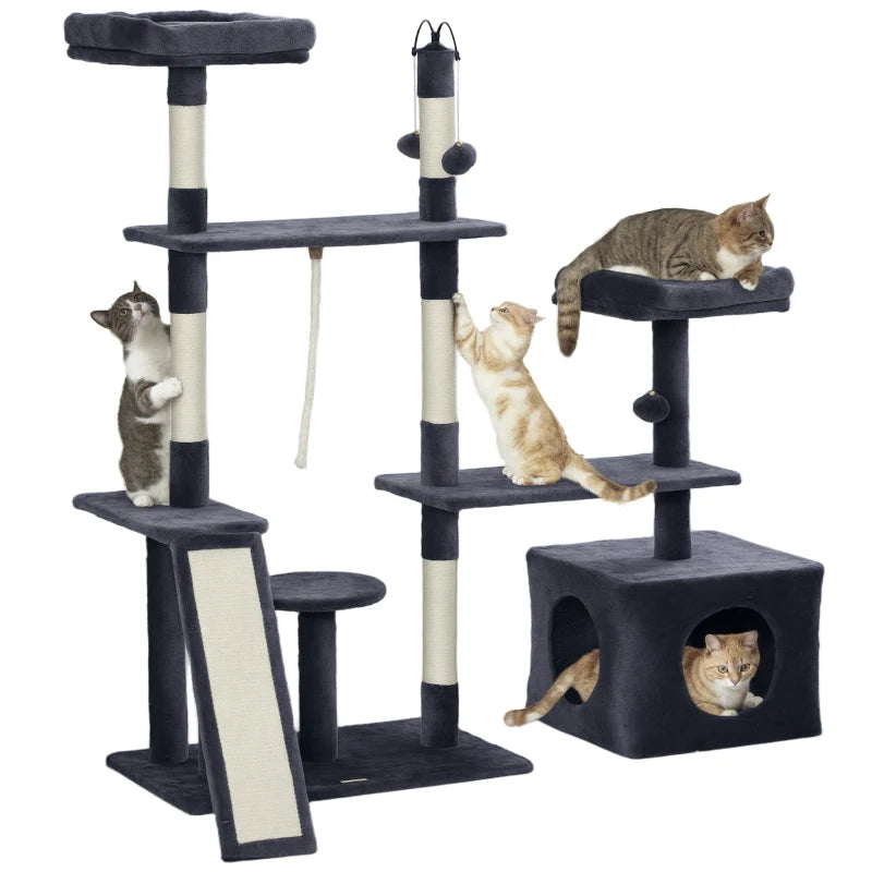 53" Cat Tree, Cat Tower with Scratching Posts, Cat Condo, Beds, Platforms, Toy Balls for Indoor Cats, Dark Grey