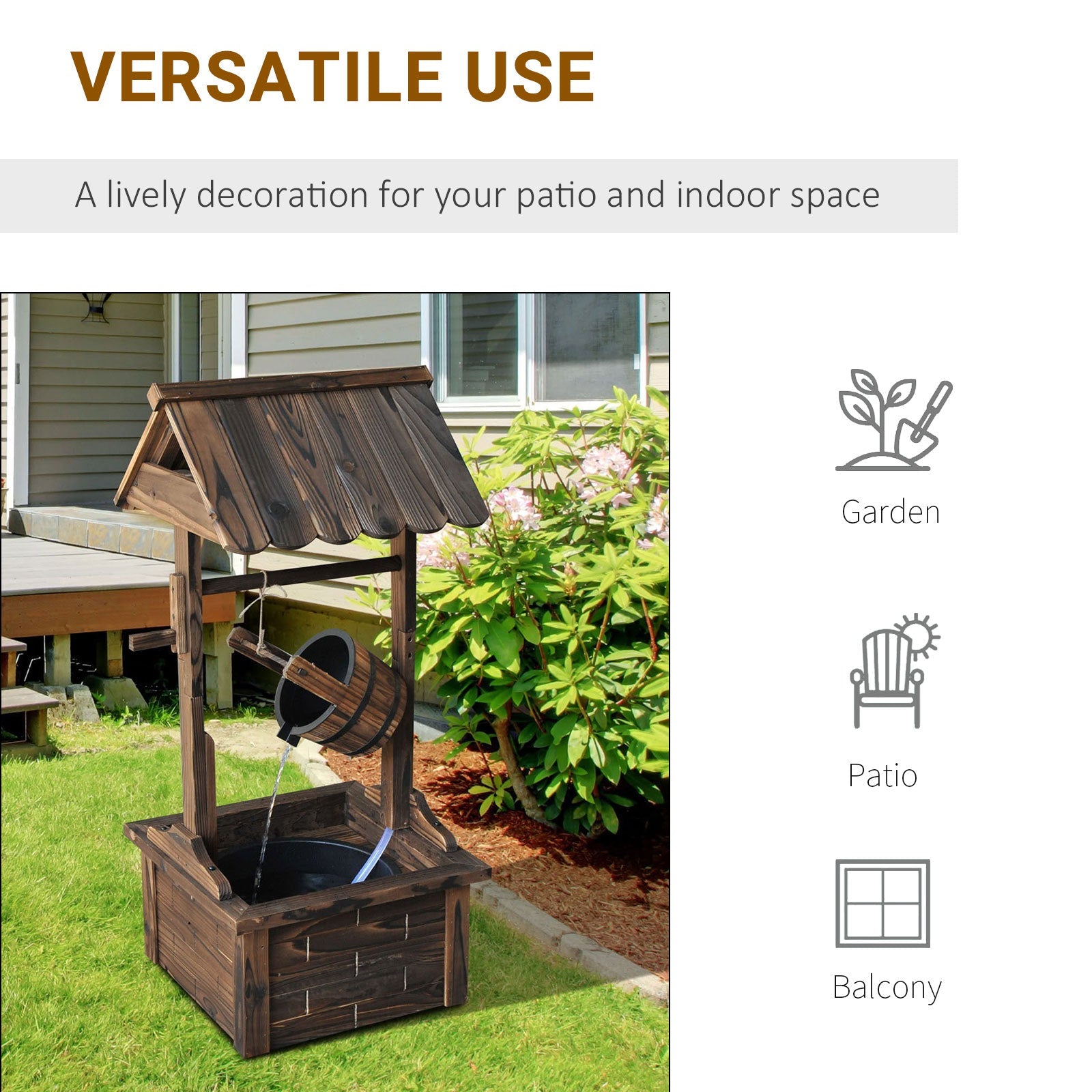Outsunny Outdoor Wooden Waterfall Wishing Well Fountain with Electric Pump, Water Bucket, for Patio, Garden, Carbonized 