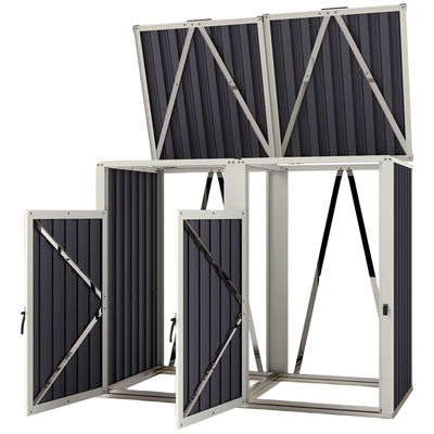 Outsunny Double Garbage Bin Shed, Lockable Outdoor Storage Shed with Openable Lid, Galvanized Frame for Garden Patio, Dark Grey 