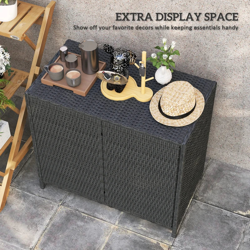 Wicker Outdoor Storage Cabinet Double Magnetic Doors, PE Rattan Outdoor Towel Rack for Pool, Patio, Dark Grey