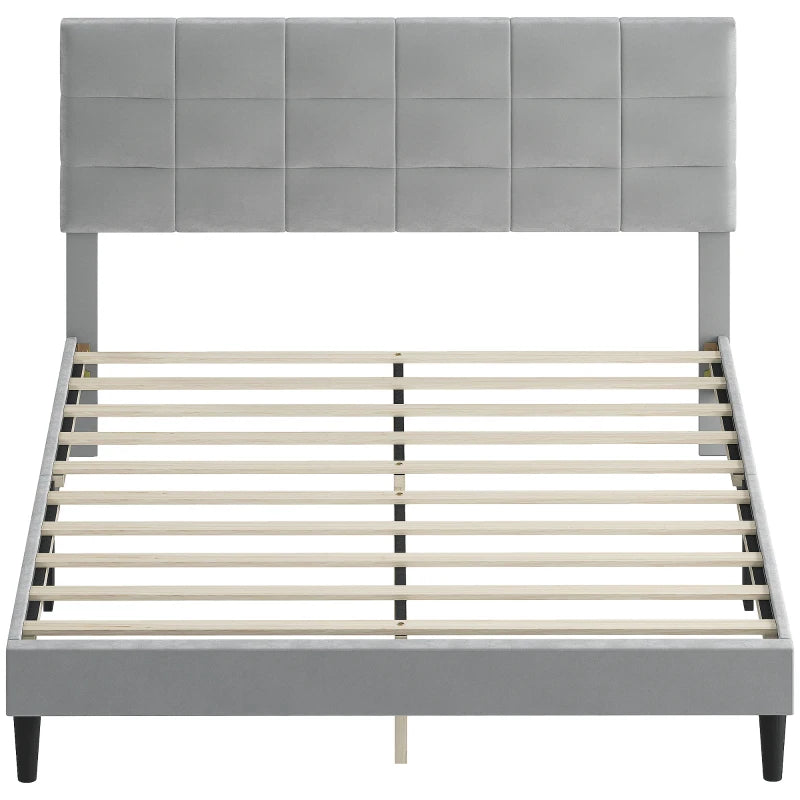 Queen Size Bed Frame with Upholstered Headboard, Modern Platform Bed Frame with Wood Slats, 1100 lbs Capacity, Grey