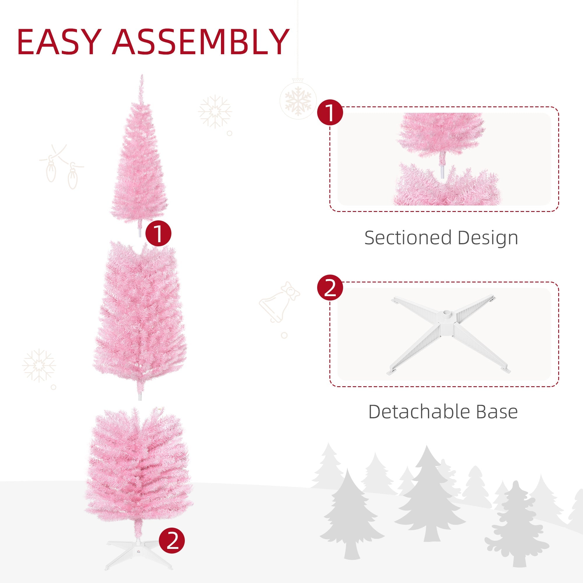 HOMCOM 7' Pencil Christmas Tree, Slim Artificial Xmas Tree with Realistic Branches, Sturdy Metal Stand, Pink 