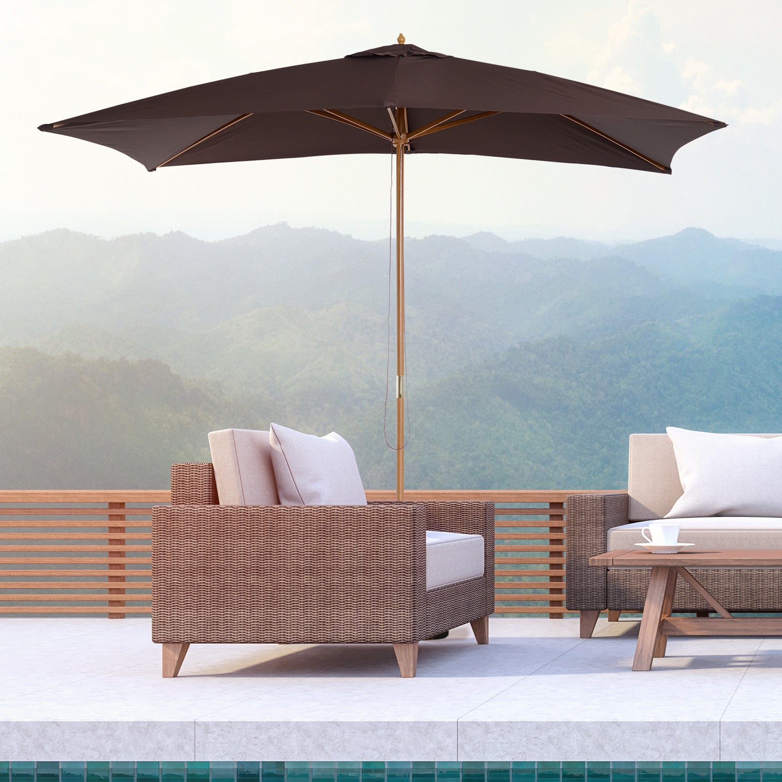 Outsunny 7x10ft Wooden Rectangle Patio Umbrella: Coffee Market Garden Parasol Outdoor Sunshade Canopy 