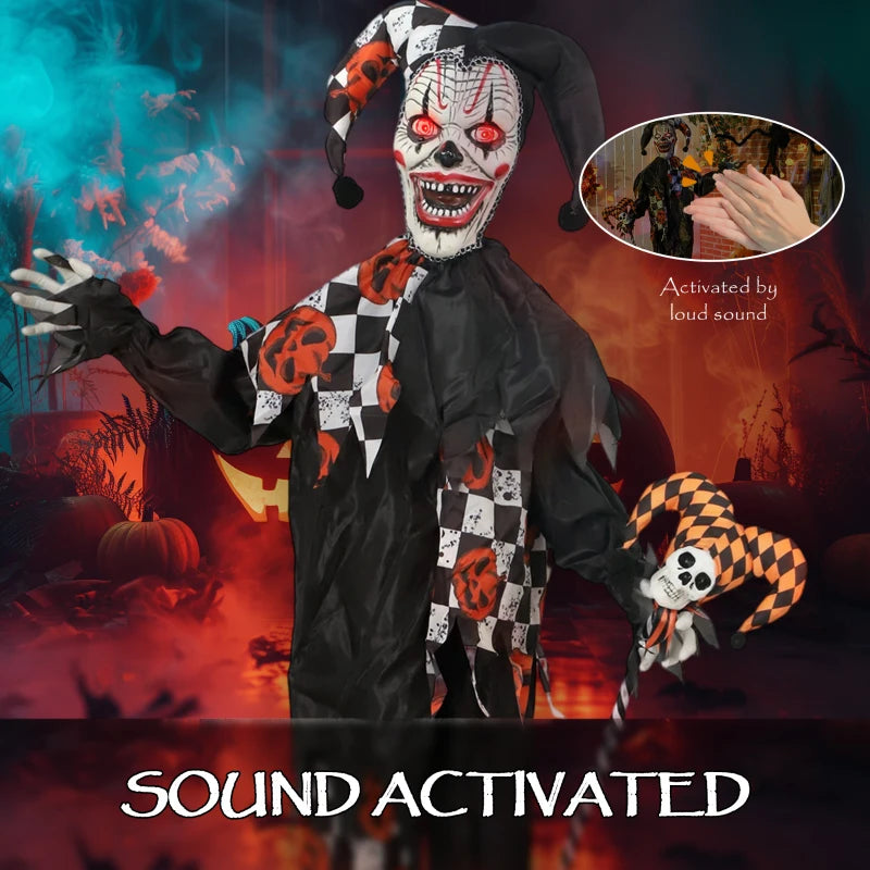 Outsunny 5ft Life-Size Animated Clown – Red Light-Up Eyes, Sound Activated, Battery Operated Halloween Decoration 