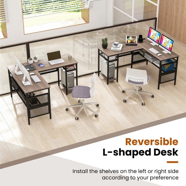 L-Shaped Computer Desk with Charging Station and Adjustable Shelf-Gray