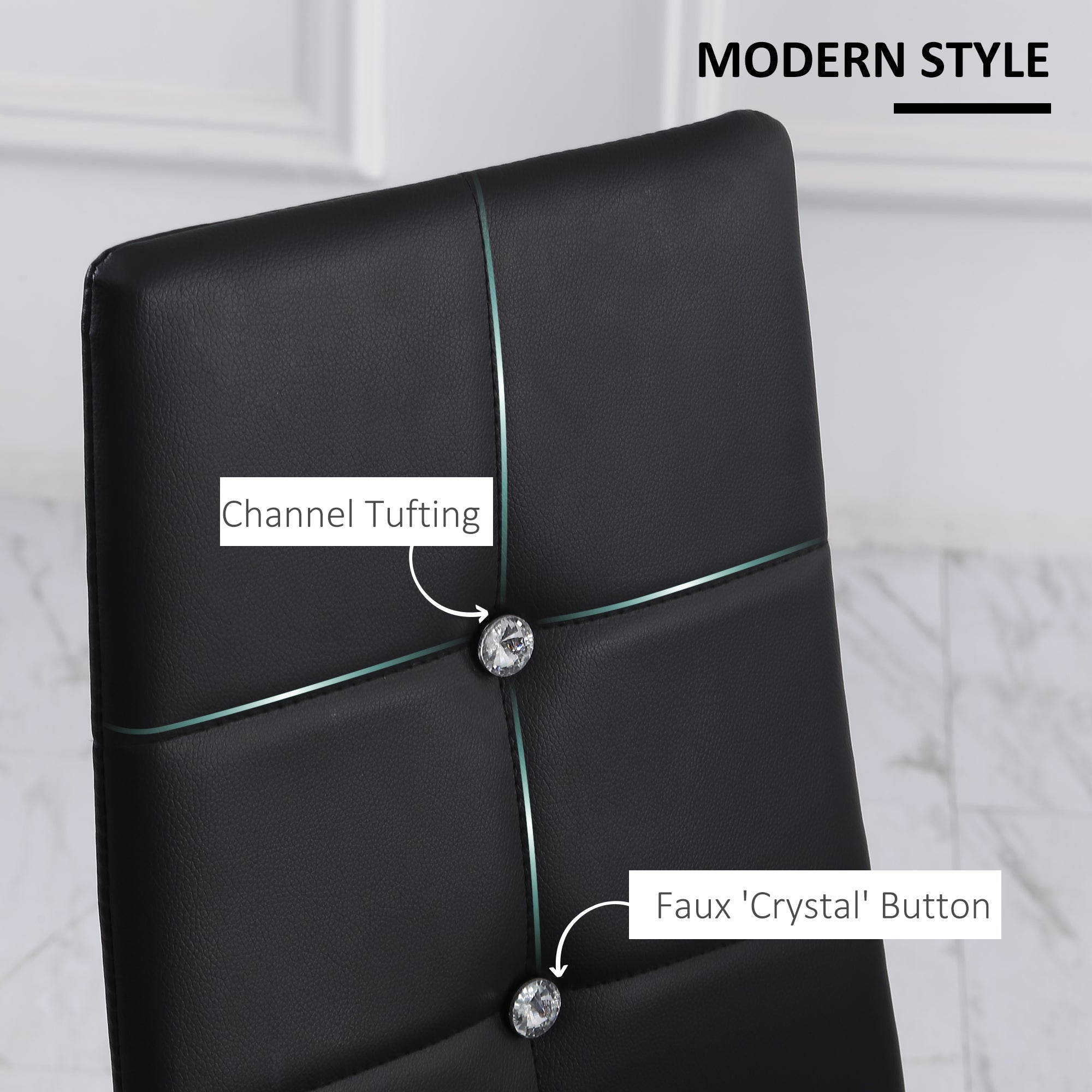 HOMCOM Set of 4 Modern Dining Chairs Black Faux Leather Upholstered with Button Tufted Back Metal Legs 