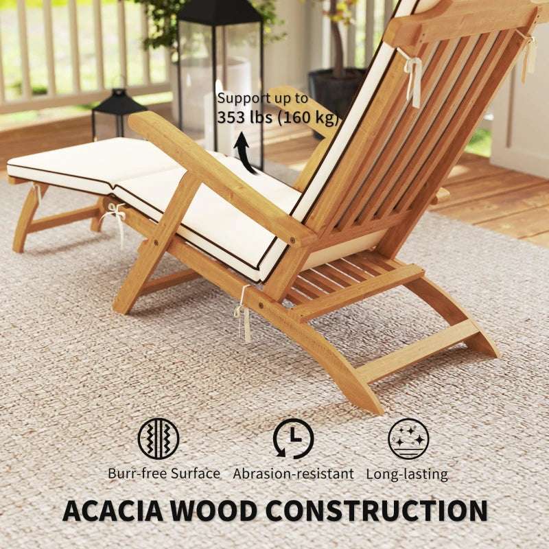 Folding Patio Lounge Chair with Padded Cushion, Acacia Wood Patio Lounger Recliner with Footrest for Garden, White