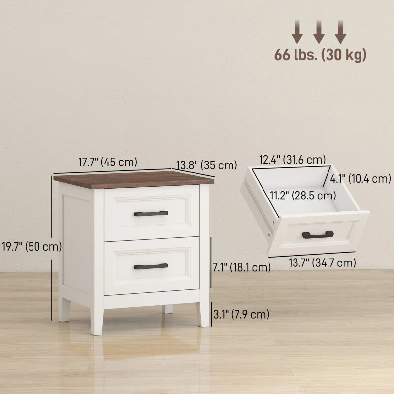 HOMCOM Farmhouse Nightstand Set of 2 with 2 Drawers, Wood-Effect Top Bedside Tables for Bedroom & Living Room – White