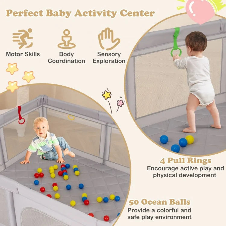 Large Baby Playpen with Pull Rings and Ocean Balls
