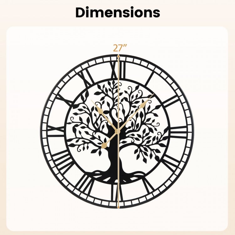 Large Wall Clock 27 Inch Tree of Life Big Metal Wall Clock-Black